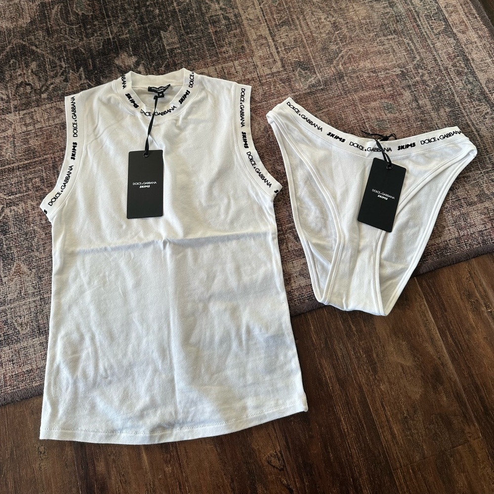 Skims x Dolce & Gabbana White Logo-Trim Tank Top and Brief Set